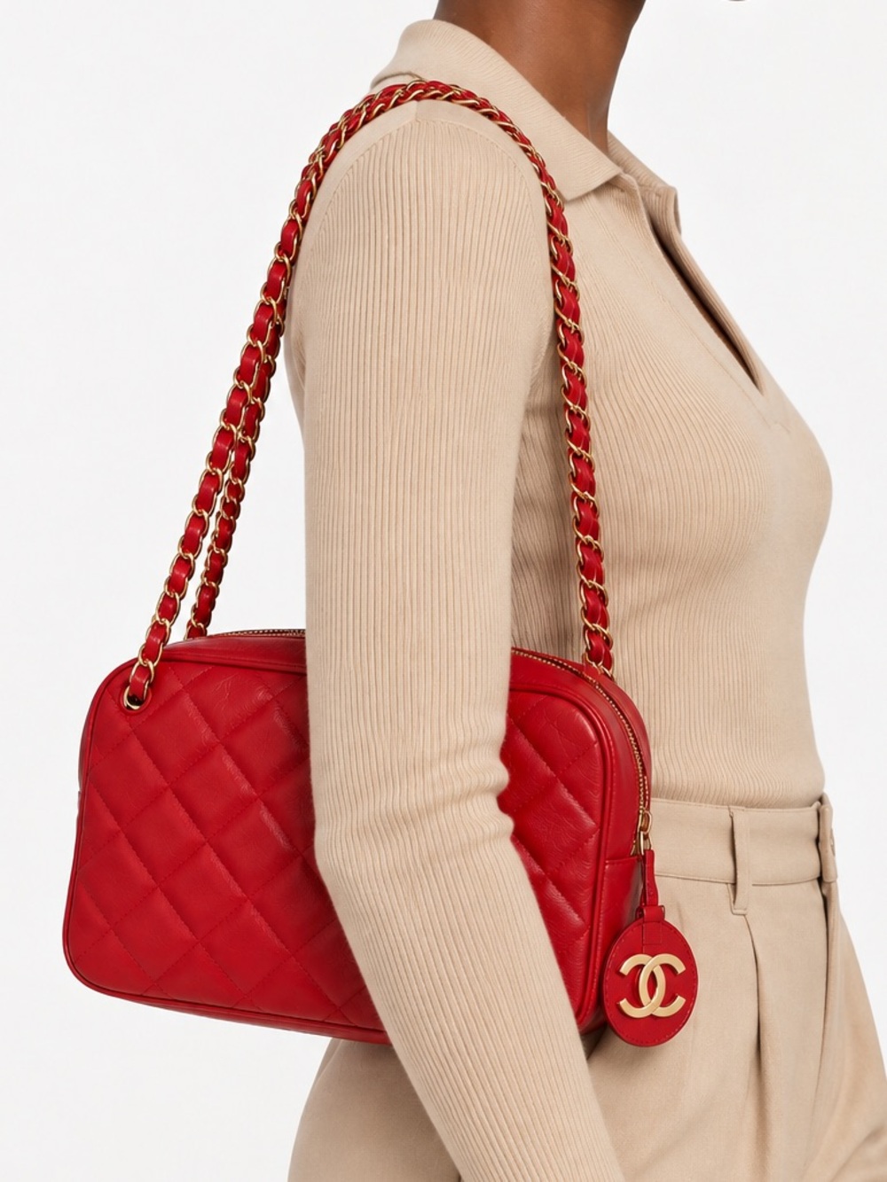 CHANEL Red Vintage CC Logo Quilted Double Strap Shoulder Purse